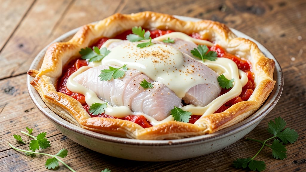 African Fish Pie Recipe: Spiced Tomato Cream Topped with Crispy Bread Crust