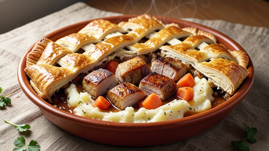 Recipe for Turkey Pot Pie Using Puff Pastry: Flaky Lattice Crown Over Savory Gravy and Tender Meat